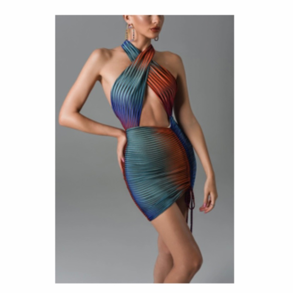 Backless ruched beach cover up dress. Mesh/ sheer over nude fabric. Side tie.